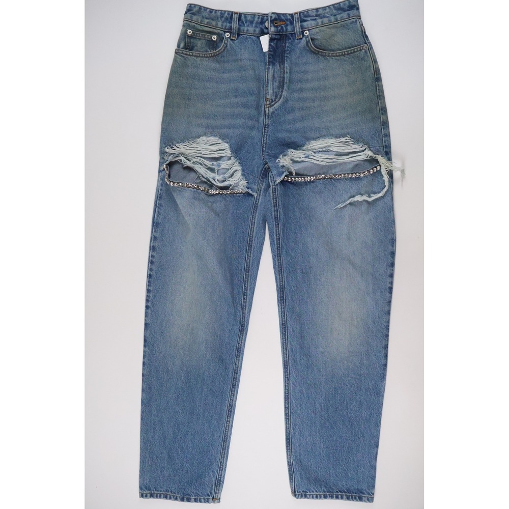 AREA Crystal Distressed Straight Leg Jeans Medium Blue 30 NWT $695
